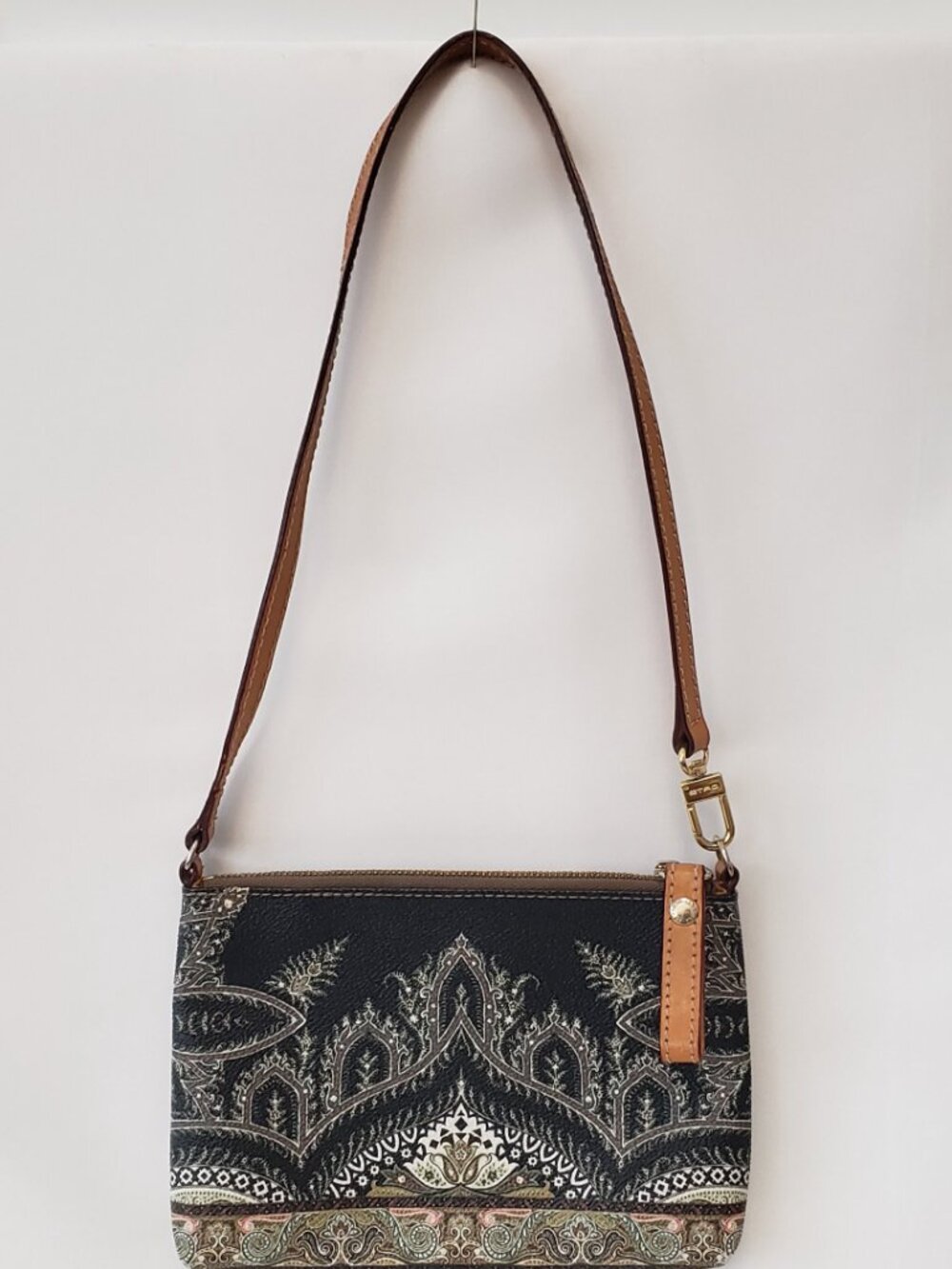 Etro Vintage Paisley Pouch Compact Shoulder Bag Zip Closure Leather Strap